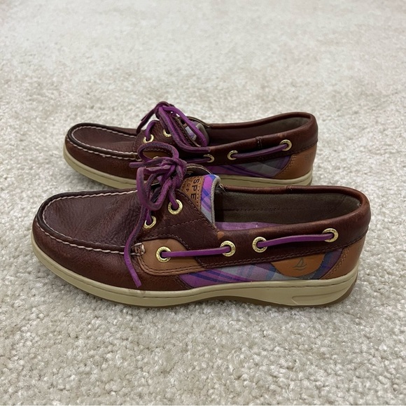 Sperry Women’s Bluefish 5M Purple Plaid 2-Eye Boat Shoe Top Sider Brown Leather, - Picture 2 of 16